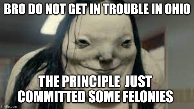 AAAAAAHHHHH IM NOT GOING TO SCHOOL  ANY MORE | BRO DO NOT GET IN TROUBLE IN OHIO; THE PRINCIPLE  JUST COMMITTED SOME FELONIES | image tagged in ohio school | made w/ Imgflip meme maker