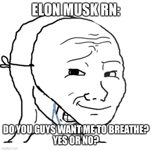 Elon musk is terrible | ELON MUSK RN:; DO YOU GUYS WANT ME TO BREATHE?
YES OR NO? | image tagged in crying wojak mask,memes,elon musk,dank memes | made w/ Imgflip meme maker