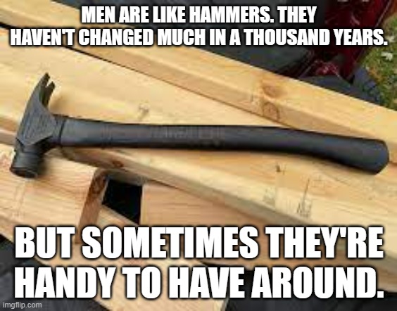 meme by Brad man and hammer | MEN ARE LIKE HAMMERS. THEY HAVEN'T CHANGED MUCH IN A THOUSAND YEARS. BUT SOMETIMES THEY'RE HANDY TO HAVE AROUND. | image tagged in tool | made w/ Imgflip meme maker