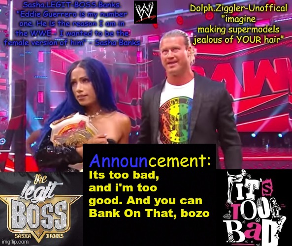 Using Sasha and Dolph catchphrases because i'm Dolph Ziggler | Its too bad, and i'm too good. And you can Bank On That, bozo | image tagged in dolph ziggler sasha banks duo announcement temp | made w/ Imgflip meme maker