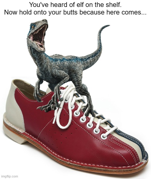 Merry Christmas! | You've heard of elf on the shelf.
Now hold onto your butts because here comes... | image tagged in shoe,shoes,blue,velociraptor,elf on the shelf,merry christmas | made w/ Imgflip meme maker