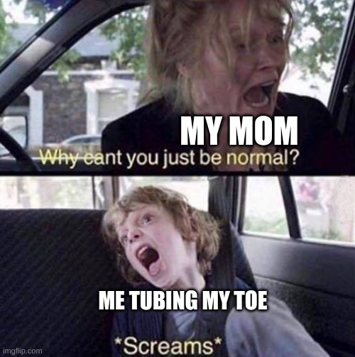 me | MY MOM; ME TUBING MY TOE | image tagged in why can't you just be normal | made w/ Imgflip meme maker