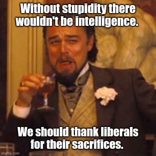 Thanks liberals. | Without stupidity there wouldn't be intelligence. We should thank liberals for their sacrifices. | image tagged in memes,laughing leo | made w/ Imgflip meme maker