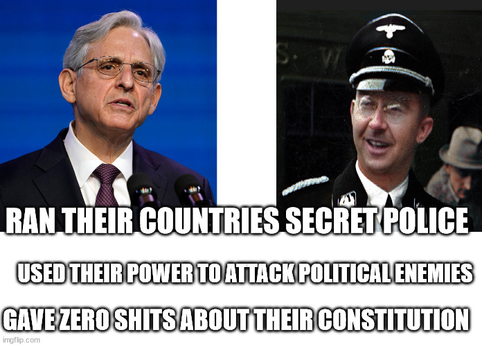Beware of "Secret Police" | RAN THEIR COUNTRIES SECRET POLICE; USED THEIR POWER TO ATTACK POLITICAL ENEMIES; GAVE ZERO SHITS ABOUT THEIR CONSTITUTION | image tagged in himmler,garland | made w/ Imgflip meme maker