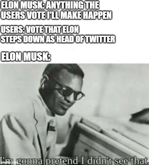 imgflip watermark getting a little to comfortable down there | ELON MUSK: ANYTHING THE USERS VOTE I'LL MAKE HAPPEN; USERS: VOTE THAT ELON STEPS DOWN AS HEAD OF TWITTER; ELON MUSK: | image tagged in im gonna pretend i didnt see that,elon musk,funny,funny memes,memes,twitter | made w/ Imgflip meme maker