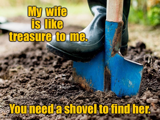 Wife is treasure to me | My  wife  is  like  treasure  to  me. You need a shovel to find her. | image tagged in digging,wife is like treasure,to me,a shovel,to find her | made w/ Imgflip meme maker