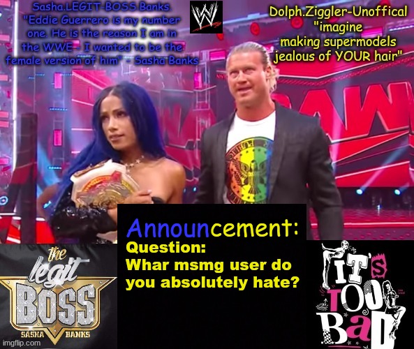 Random question for today | Question:
Whar msmg user do you absolutely hate? | image tagged in dolph ziggler sasha banks duo announcement temp | made w/ Imgflip meme maker