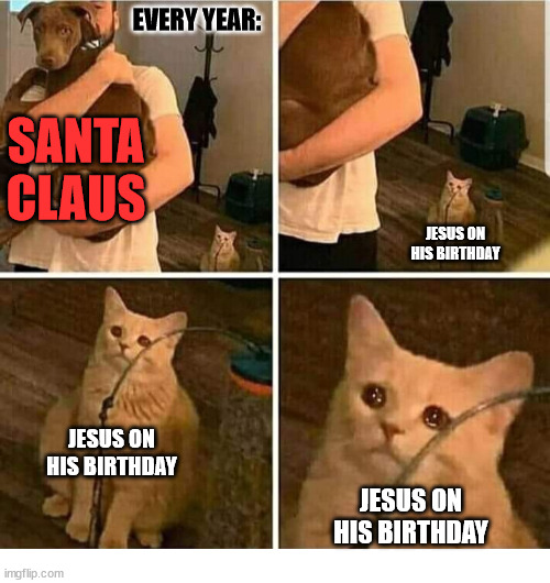 Every Year | EVERY YEAR:; SANTA CLAUS; JESUS ON HIS BIRTHDAY; JESUS ON HIS BIRTHDAY; JESUS ON HIS BIRTHDAY | image tagged in sad cat holding dog,jesus,dank,christian,memes,r/dankchristianmemes | made w/ Imgflip meme maker