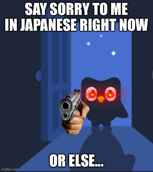 Umm... idk? *gunshots* | SAY SORRY TO ME IN JAPANESE RIGHT NOW; OR ELSE... | image tagged in duolingo bird | made w/ Imgflip meme maker