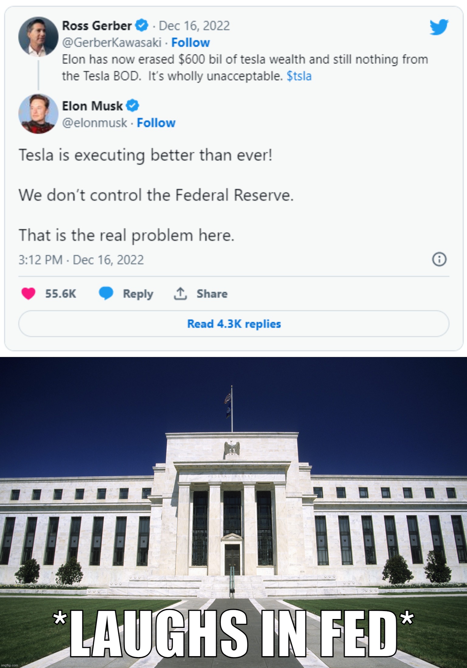 Blaming the Fed: Always the hallmark of a mature, savvy business leader! | *LAUGHS IN FED* | image tagged in elon musk blames the federal reserve,federal reserve building,federal reserve,elon musk,tesla,elon musk buying twitter | made w/ Imgflip meme maker