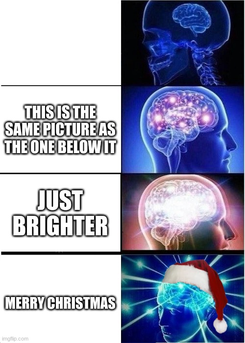 Merry Christmas | THIS IS THE SAME PICTURE AS THE ONE BELOW IT; JUST BRIGHTER; MERRY CHRISTMAS | image tagged in memes,expanding brain | made w/ Imgflip meme maker