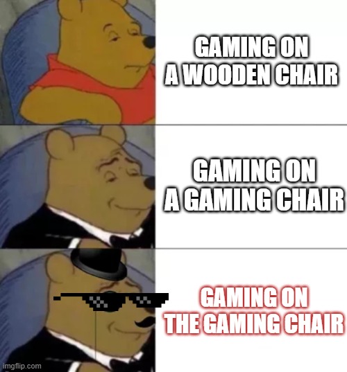 Gaming be like. | GAMING ON A WOODEN CHAIR; GAMING ON A GAMING CHAIR; GAMING ON THE GAMING CHAIR | image tagged in fancy pooh | made w/ Imgflip meme maker