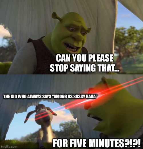 are u serious right ñeow bruh? | CAN YOU PLEASE STOP SAYING THAT... THE KID WHO ALWAYS SAYS "AMONG US SUSSY BAKA"; FOR FIVE MINUTES?!?! | image tagged in shrek for five minutes,funny,memes,shrek,donkey,shrek five minutes | made w/ Imgflip meme maker