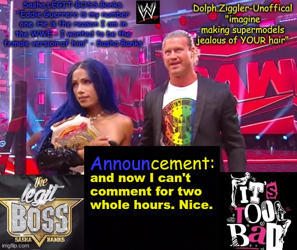 Dolph Ziggler + Sasha Banks DUO announcement temp | and now I can't comment for two whole hours. Nice. | image tagged in dolph ziggler sasha banks duo announcement temp | made w/ Imgflip meme maker
