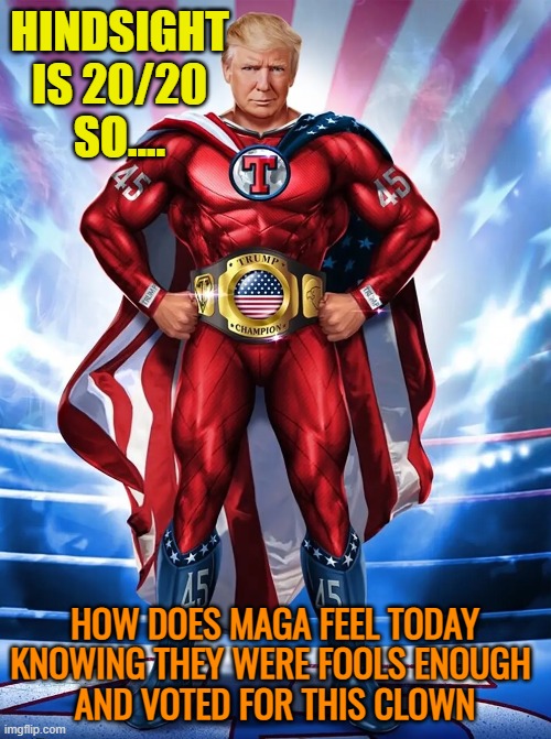 Never say to MAGA they are a fool, all you'll have are angry fools | HINDSIGHT IS 20/20
SO.... HOW DOES MAGA FEEL TODAY
KNOWING THEY WERE FOOLS ENOUGH 
AND VOTED FOR THIS CLOWN | image tagged in trump nft superhero,donald trump,maga,political meme,funny memes | made w/ Imgflip meme maker
