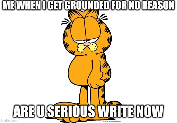 Garfielf | ME WHEN I GET GROUNDED FOR NO REASON; ARE U SERIOUS WRITE NOW | image tagged in grumpy garfield | made w/ Imgflip meme maker