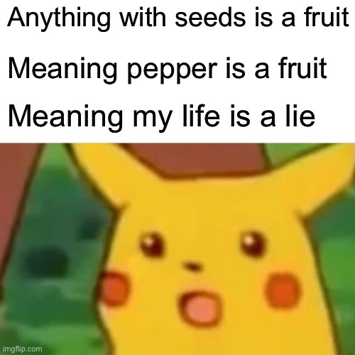 L | Anything with seeds is a fruit; Meaning pepper is a fruit; Meaning my life is a lie | image tagged in memes,surprised pikachu | made w/ Imgflip meme maker