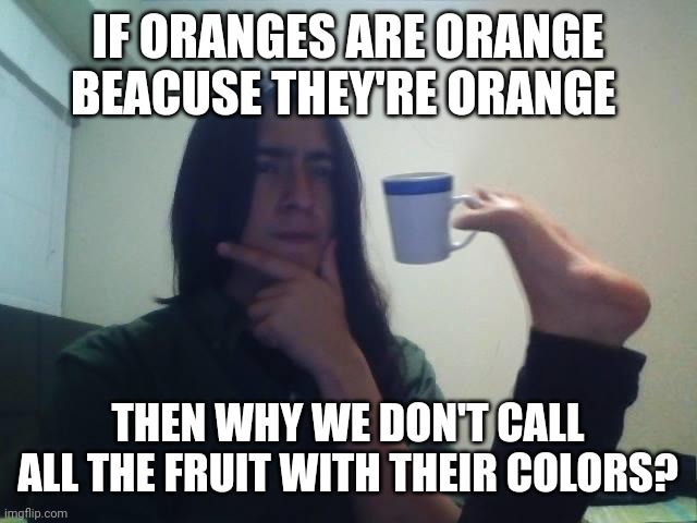 L o g i c ? | IF ORANGES ARE ORANGE BEACUSE THEY'RE ORANGE; THEN WHY WE DON'T CALL ALL THE FRUIT WITH THEIR COLORS? | image tagged in hmmmm | made w/ Imgflip meme maker
