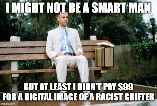 Forrest Gump | I MIGHT NOT BE A SMART MAN; BUT AT LEAST I DIDN'T PAY $99 FOR A DIGITAL IMAGE OF A RACIST GRIFTER | image tagged in forrest gump,trump,nft | made w/ Imgflip meme maker