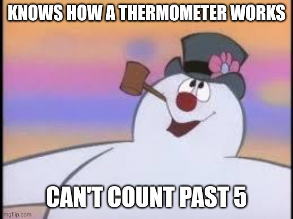 Only people who have actually seen it get the joke | KNOWS HOW A THERMOMETER WORKS; CAN'T COUNT PAST 5 | image tagged in frosty the snowman | made w/ Imgflip meme maker