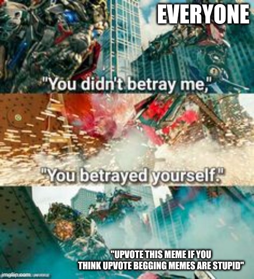 you betrayed yourself | EVERYONE; "UPVOTE THIS MEME IF YOU THINK UPVOTE BEGGING MEMES ARE STUPID" | image tagged in you betrayed yourself | made w/ Imgflip meme maker