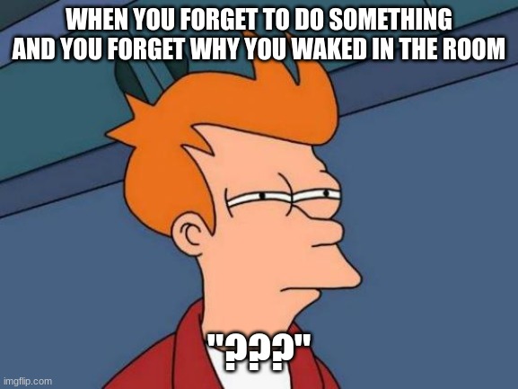 WHEN YOU FORGET TO DO SOMETHING AND YOU FORGET WHY YOU WAKED IN THE ROOM "???" | image tagged in memes,futurama fry | made w/ Imgflip meme maker