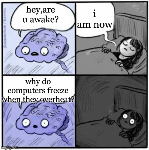 Brain Before Sleep | i am now; hey,are u awake? why do computers freeze when they overheat? | image tagged in brain before sleep | made w/ Imgflip meme maker
