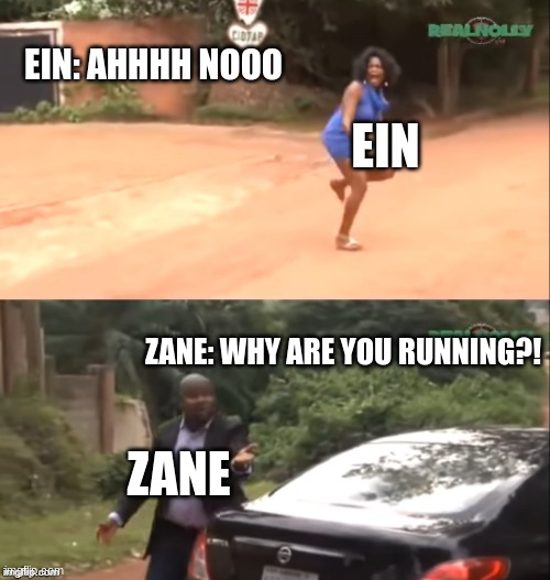 Zane and Ein in A Lot of videos | EIN: AHHHH NOOO; EIN; ZANE: WHY ARE YOU RUNNING?! ZANE | image tagged in why are you running | made w/ Imgflip meme maker
