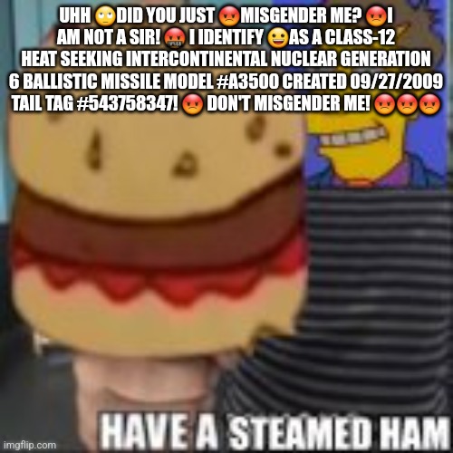 Have a steamed ham | UHH 🙄DID YOU JUST 😡MISGENDER ME? 😡I AM NOT A SIR! 🤬 I IDENTIFY 😀AS A CLASS-12 HEAT SEEKING INTERCONTINENTAL NUCLEAR GENERATION 6 BALLISTIC MISSILE MODEL #A3500 CREATED 09/27/2009 TAIL TAG #543758347! 😡 DON'T MISGENDER ME! 😡😡😡 | image tagged in have a steamed ham | made w/ Imgflip meme maker