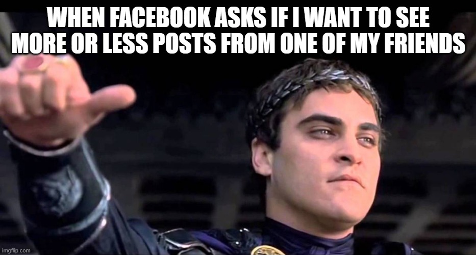More or Less | WHEN FACEBOOK ASKS IF I WANT TO SEE MORE OR LESS POSTS FROM ONE OF MY FRIENDS | image tagged in facebook,thumbs,gladiator | made w/ Imgflip meme maker