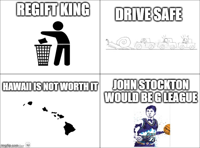Colin | DRIVE SAFE; REGIFT KING; HAWAII IS NOT WORTH IT; JOHN STOCKTON WOULD BE G LEAGUE | image tagged in 4 panel comic | made w/ Imgflip meme maker