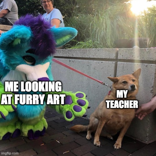 Based on a true story. | ME LOOKING AT FURRY ART; MY TEACHER | image tagged in dog vs furry | made w/ Imgflip meme maker