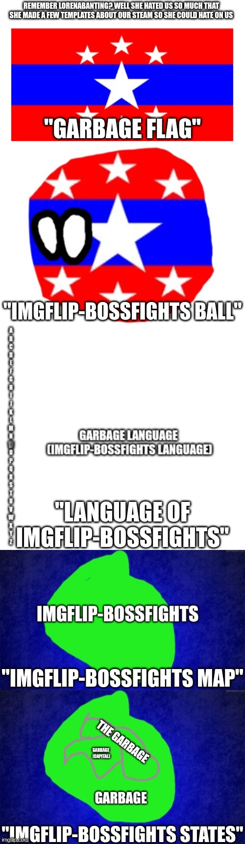 it isn't even funny, or clever, or even rude it's just unnecessary, i wish we could flag other people's templates | REMEMBER LORENABANTING? WELL SHE HATED US SO MUCH THAT SHE MADE A FEW TEMPLATES ABOUT OUR STEAM SO SHE COULD HATE ON US; "GARBAGE FLAG"; "IMGFLIP-BOSSFIGHTS BALL"; "LANGUAGE OF IMGFLIP-BOSSFIGHTS"; "IMGFLIP-BOSSFIGHTS MAP"; "IMGFLIP-BOSSFIGHTS STATES" | image tagged in tag | made w/ Imgflip meme maker