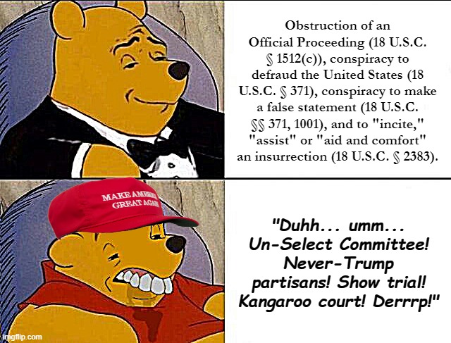 Today's Jan. 6 Panel criminal referrals re: Trump vs... umm... | Obstruction of an Official Proceeding (18 U.S.C. § 1512(c)), conspiracy to defraud the United States (18 U.S.C. § 371), conspiracy to make a false statement (18 U.S.C. §§ 371, 1001), and to "incite," "assist" or "aid and comfort" an insurrection (18 U.S.C. § 2383). "Duhh... umm... Un-Select Committee! Never-Trump partisans! Show trial! Kangaroo court! Derrrp!" | image tagged in tuxedo winnie the pooh grossed reverse | made w/ Imgflip meme maker