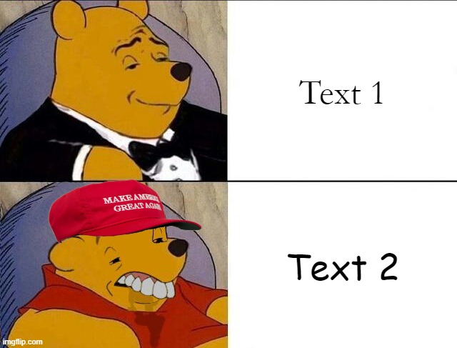 Fancy Pooh vs. MAGA pooh | Text 1; Text 2 | image tagged in fancy pooh vs maga pooh | made w/ Imgflip meme maker