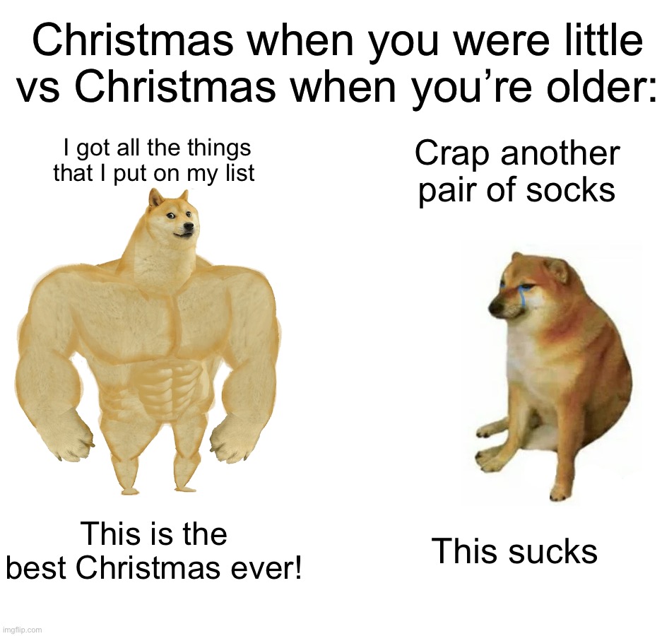 True story | Christmas when you were little vs Christmas when you’re older:; I got all the things that I put on my list; Crap another pair of socks; This is the best Christmas ever! This sucks | image tagged in memes,buff doge vs cheems,funny,christmas,christmas gifts,relatable memes | made w/ Imgflip meme maker