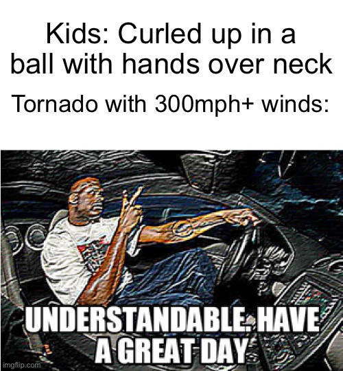 Kids: Curled up in a ball with hands over neck; Tornado with 300mph+ winds: | image tagged in blank white template,understandable have a great day | made w/ Imgflip meme maker