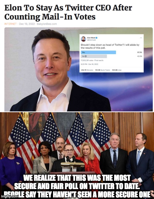 Mail in is perfectly Legit right Dems? | WE REALIZE THAT THIS WAS THE MOST SECURE AND FAIR POLL ON TWITTER TO DATE. PEOPLE SAY THEY HAVEN'T SEEN A MORE SECURE ONE | image tagged in house democrats,elon loves his job | made w/ Imgflip meme maker