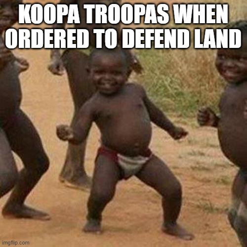 Third World Success Kid Meme | KOOPA TROOPAS WHEN ORDERED TO DEFEND LAND | image tagged in memes,third world success kid | made w/ Imgflip meme maker