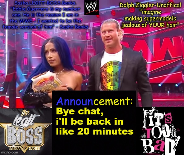 Dolph Ziggler + Sasha Banks DUO announcement temp | Bye chat, i'll be back in like 20 minutes | image tagged in dolph ziggler sasha banks duo announcement temp | made w/ Imgflip meme maker