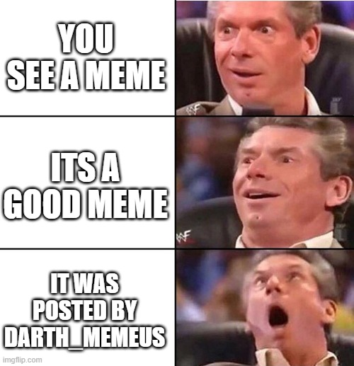 Vince McMahon | YOU SEE A MEME; ITS A GOOD MEME; IT WAS POSTED BY DARTH_MEMEUS | image tagged in vince mcmahon | made w/ Imgflip meme maker