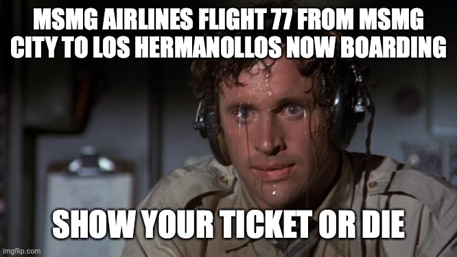 pilot sweating | MSMG AIRLINES FLIGHT 77 FROM MSMG CITY TO LOS HERMANOLLOS NOW BOARDING; SHOW YOUR TICKET OR DIE | image tagged in pilot sweating | made w/ Imgflip meme maker