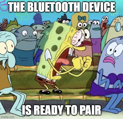 Spongebob Yelling | THE BLUETOOTH DEVICE; IS READY TO PAIR | image tagged in spongebob yelling | made w/ Imgflip meme maker