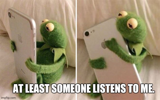 Kermit holding phone | AT LEAST SOMEONE LISTENS TO ME. | image tagged in kermit holding phone | made w/ Imgflip meme maker