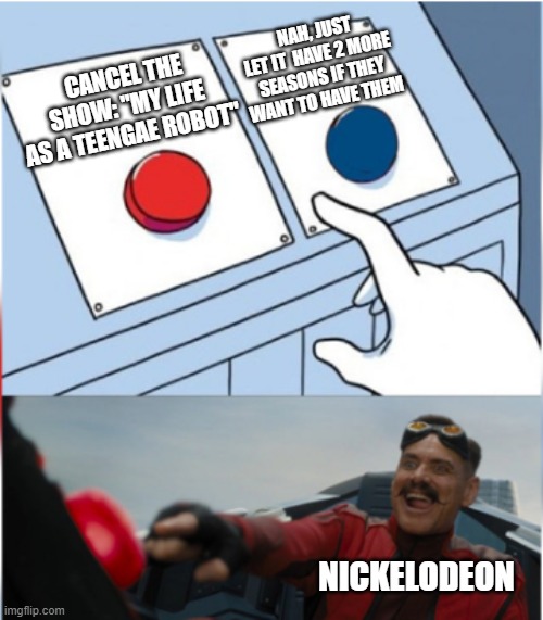 MlaaTR's Cancellation in a Nutshell | NAH, JUST LET IT  HAVE 2 MORE SEASONS IF THEY WANT TO HAVE THEM; CANCEL THE SHOW: "MY LIFE AS A TEENGAE ROBOT"; NICKELODEON | image tagged in robotnik pressing red button | made w/ Imgflip meme maker