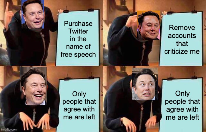 elon | Purchase Twitter in the name of free speech; Remove accounts that criticize me; Only people that agree with me are left; Only people that agree with me are left | image tagged in memes,gru's plan | made w/ Imgflip meme maker