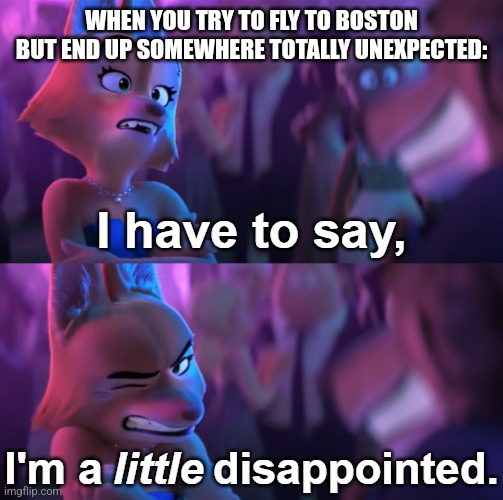 No Boston? | WHEN YOU TRY TO FLY TO BOSTON BUT END UP SOMEWHERE TOTALLY UNEXPECTED: | image tagged in i'm a little disappointed,boston,flight,unexpected | made w/ Imgflip meme maker