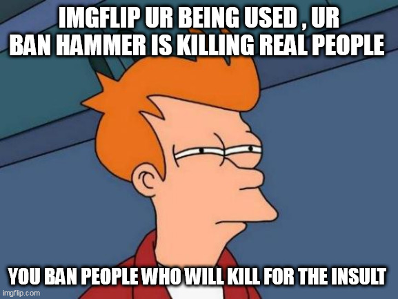 Futurama Fry Meme | IMGFLIP UR BEING USED , UR BAN HAMMER IS KILLING REAL PEOPLE; YOU BAN PEOPLE WHO WILL KILL FOR THE INSULT | image tagged in memes,futurama fry | made w/ Imgflip meme maker