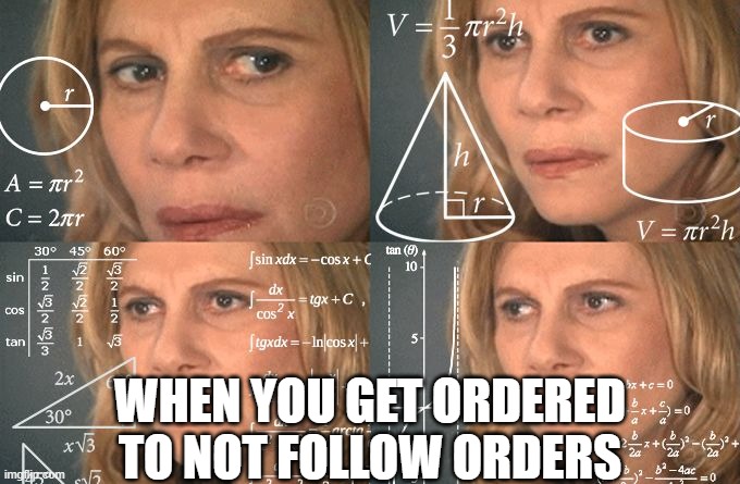 Seriously though, what would you do | WHEN YOU GET ORDERED TO NOT FOLLOW ORDERS | image tagged in calculating meme | made w/ Imgflip meme maker