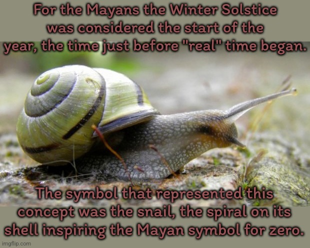 Happy New Year! | For the Mayans the Winter Solstice was considered the start of the year, the time just before "real" time began. The symbol that represented this concept was the snail, the spiral on its shell inspiring the Mayan symbol for zero. | image tagged in snail,native american,culture,calendar | made w/ Imgflip meme maker